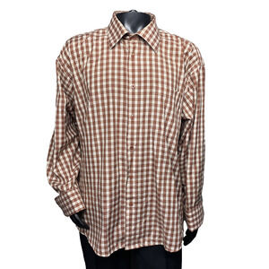Vtg Prime Time Mens 2XL Dress Shirt 18.5 Long Sleeve 34/35 Brown Plaid Button Up